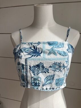 Blue Coastal Print Cropped Cami Top - Unbranded